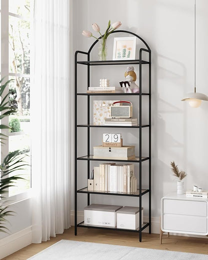 Bookcase Bookshelf, Tempered Glass Bookshelves, Slim Shelving Unit for Bedroom, Bathroom, Home Office, Steel Frame, 6 Tier Black BC21699B
