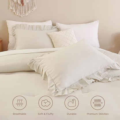Andency Beige Cream California King Size Comforter Set, 3 Pieces Shabby Chic Ruffle Bedding Comforter Sets for Men Women, Soft Cozy Lightweight Fluffy Down Alternative Decorative Bed Set
