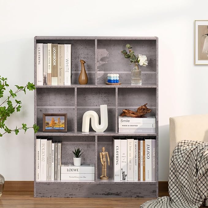 LEYAOYAO 7 Cube Bookshelf with Base,3 Tier Mid-Century Modern Grey Bookcase,Standing Wide Bookshelves Storage Organizer Shelf,Rustic Wood Display Cabinet Book Shelves for Bedroom,Living Room,Office