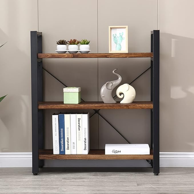 3 Tier Bookcase, Solid Wood Bookshelf Rustic Vintage Industrial Etagere Bookcase, Metal and Wood Free Vintage Bookshelf, Retro Brown (Real Wood) (3-Tier)