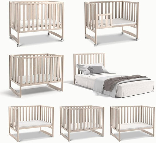 EvoNook 7-in-1 Convertible Mini Crib - Washed White, Portable Folding Baby Mini Crib with 1.5 Inch Mattress, 100% New Zealand Pinewood, 4 Adjustable Mattress Heights