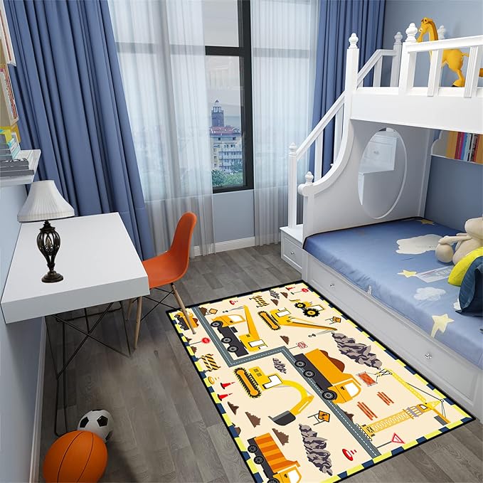 Construction Play Mat Car Rug Play Mat Construction Rugs for Boys Room Car Rug for Boys Room Construction Decor for Boys Room Playroom Rug for Livingroom 4'5''×6'