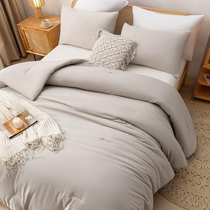 Twin Size Comforter Sets Solid Color 2PCS Boho Beige Bed Comforter Set Tannish Grey Soft Lightweight Microfiber Kids Bedding Set for All Season (1 Comforter, 1 Pillowcase)
