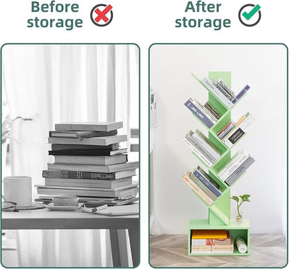 Yoobure Tree Bookshelf - 6 Shelf Retro Floor Standing Bookcase, Tall Wood Book Storage Rack for CDs/Movies/Books, Utility Book Organizer Shelves for Bedroom, Living Room, Home Office Green