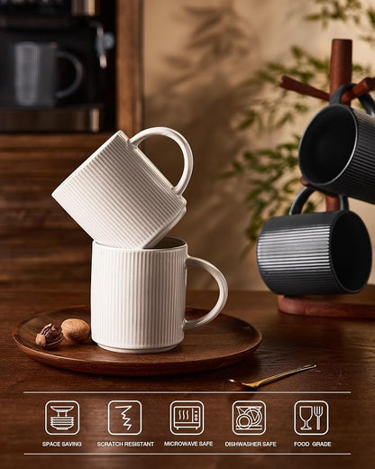 famiware Coffee Mug Set for 4, Star 16 oz Catering Mugs Cup Set with Handle for Coffee, Tea, Cocoa, Milk - Ceramic Stoneware Drinkware Set, Matte White + Matte Black