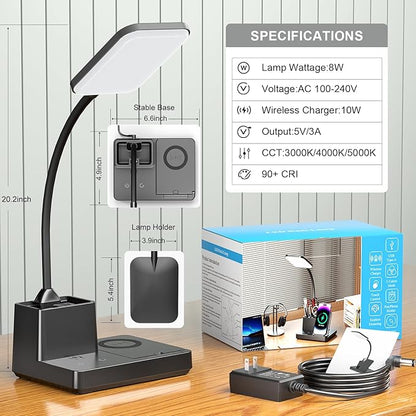 comzler LED Desk Lamp with Wireless Charger,Small Desk Lamps with Pen Phone Holder, Black Desk Lamp for for Home Office,8W 3 Modes Dimmable Touch Lamp, Desktop Study Lamps for College Dorm Room
