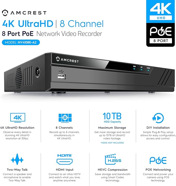 Amcrest NV4108E-A2 4K 8CH POE NVR (1080p/3MP/4MP/5MP/8MP) POE Network Video Recorder - Supports up to 8 x 8MP/4K IP Cameras, 8-Channel Power Over Ethernet Pre-Installed 4TB Hard Drive (NV4108E-4TB)
