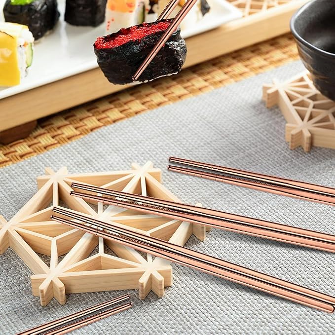 10 Pairs Rose Gold Chopsticks Set Stainless Steel 304 Reusable Non-slip Line Design Metal Chop Sticks for Cooking and Eating Kitchen Utensils Dishwasher Safe Tableware Gift Set