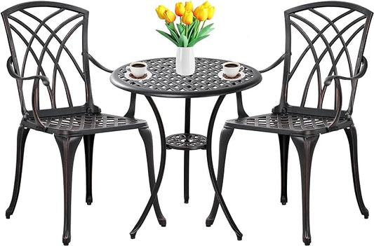 3 Piece Patio Bistro Set Outdoor Bistro Table Set Anti Rust Bistro Table and Chairs w/Umbrella Hole, Durable Patio Set for Porch, Balcony
