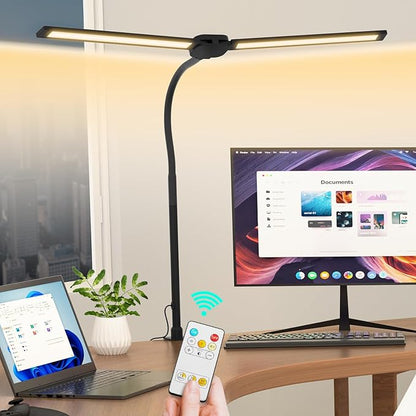 LED Desk Lamp for Home Office, Double Head Computer Desk Lights with Clamp & Wireless Remote, 12 Lighting Modes, Flexible Gooseneck Adjustable Smart Table Reading Study