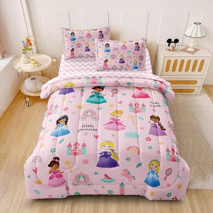 Kids Magical Princess Comforter Set Bed in a Bag Twin Size- 5 Piece Soft Cute Castle Bedding Set for Girls (1 Comforter, 1 Flat Sheet, 1 Fitted Sheet, 2 Pillowcases), Pink