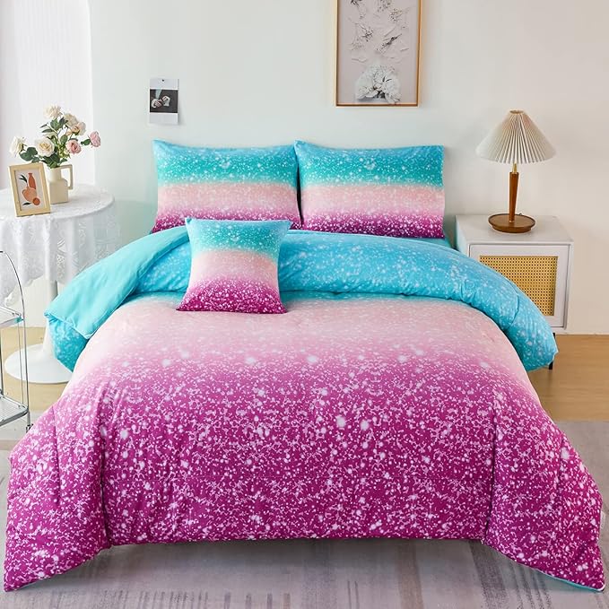PERFEMET 6 Piece Full Size Comforter Sets for Teens Girls, Tie Dye Rainbow Ombre Bed in A Bag, Gradient Glitter Sparkle Bedroom Decor Bedding Set (Blue Teal Purple, Full)