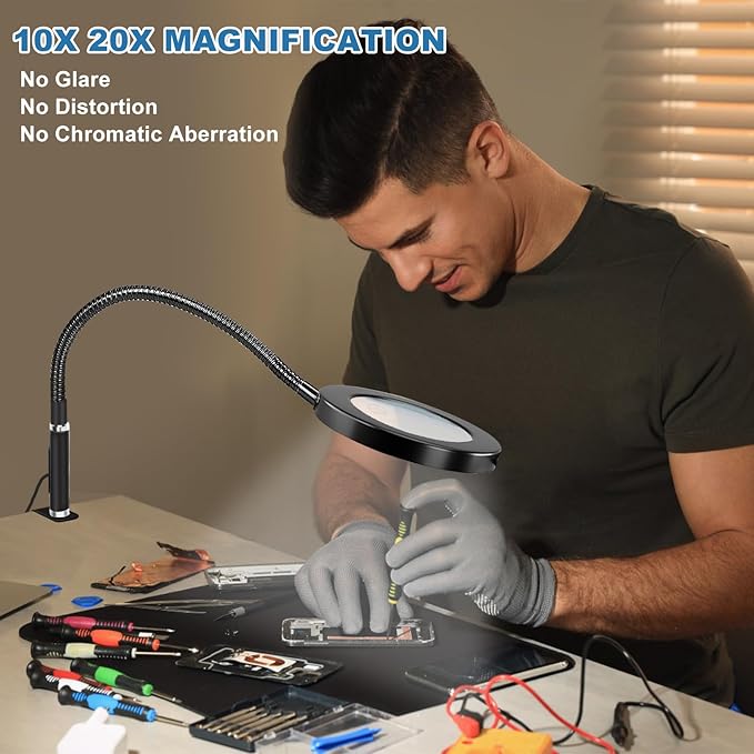 NZQXJXZ 2-in-1 Magnifying Glass with Light and Stand 20X 10X Magnifying Lamp with Large Base & Clamp, 72 LEDs, 3 Color Modes and10 Stepless Dimmable, Desk Magnifier for Hobbies, Reading, Jewelry