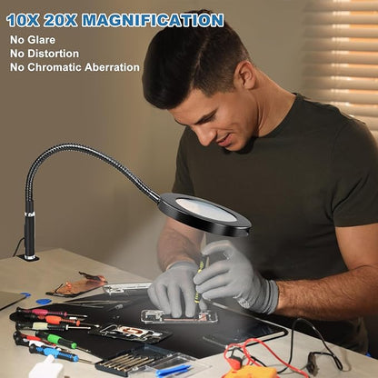 NZQXJXZ 2-in-1 Magnifying Glass with Light and Stand 20X 10X Magnifying Lamp with Large Base & Clamp, 72 LEDs, 3 Color Modes and10 Stepless Dimmable, Desk Magnifier for Hobbies, Reading, Jewelry