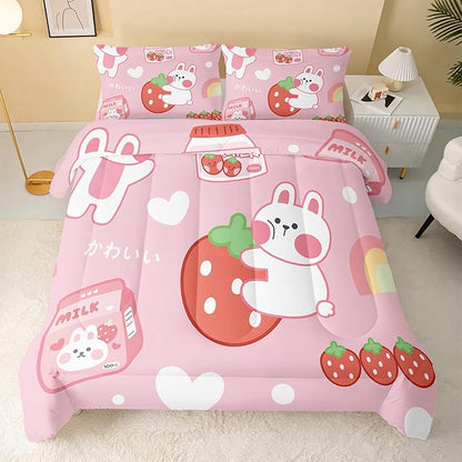 Strawberry Rabbit Comforter Set for Kids Teens Girls Women,Pink Bunny Kids Comforter,1 Comforter with 2 Pillowcase, Microfiber 3 Piece Bedding Set,for All Seasons(Pink，Twin Size)
