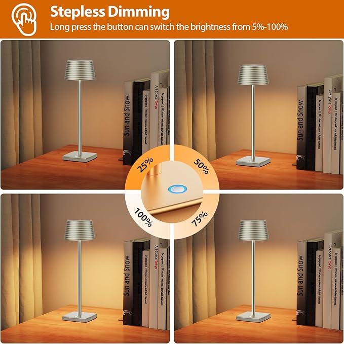Rechargeable Cordless Table Lamp, Battery 5000mAh Metal Aluminum Housing USB LED Portable Powered Desk Lamp, 3 Levels Brightness Night Light for Restaurants Bars Outdoor (Silver-2pack)