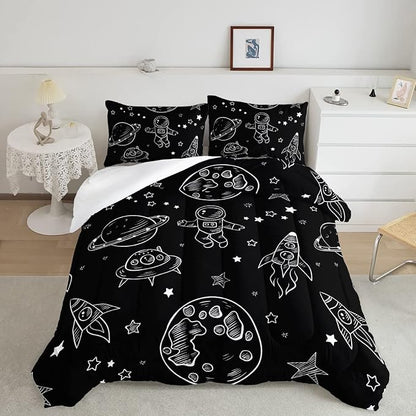 Datura home Kids Space Astronaut Comforter Set for Boys Kids Children,Galaxy Space Ship Astronaut Rocket Printed Bedding Set with 1 Comforter and 2 Pillowcases(Space Galaxy Full), Full 80x90inches
