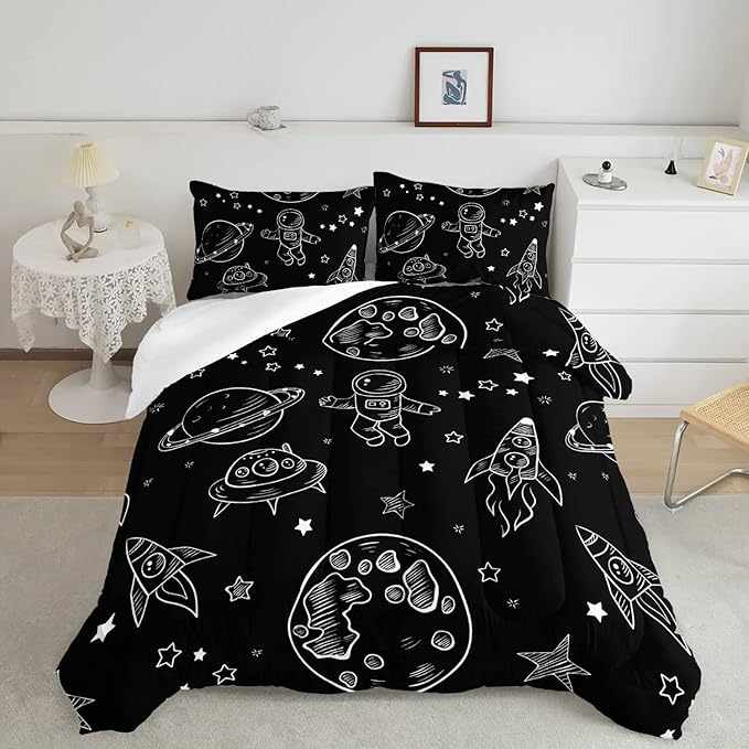 Datura home Kids Space Astronaut Comforter Set for Boys Kids Children,Galaxy Space Ship Astronaut Rocket Printed Bedding Set with 1 Comforter & 2 Pillowcases(Space Galaxy Queen), Queen 90x90inches