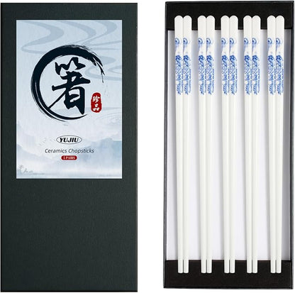 Porcelain Chopsticks Set of 5 Pairs, Reusable Bone Ceramic Chopsticks, Dishwasher Safe, Non-Slip Design, Elegant Gift Box for Family or Restaurant Use (Lantern flower)