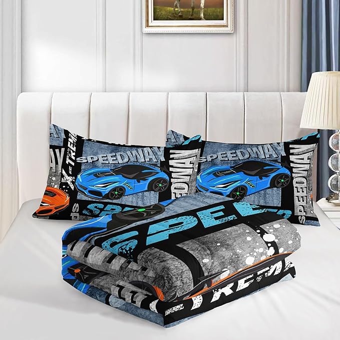 Datura home Sports Car Comforter Set Vintage Racing Car Printed Quilt Bedding Set with 1 Comforter and 2 Pillowcases for Boys and Girls Bedroom All Season(Sports Car Twin)