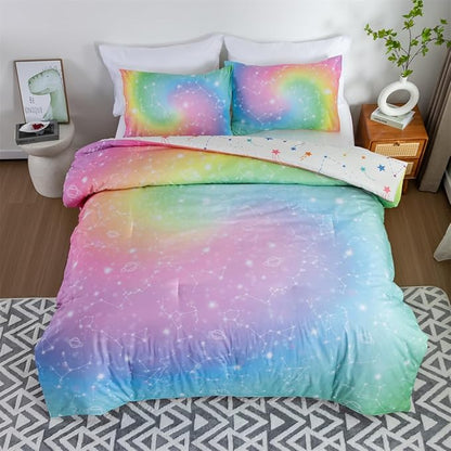 Holawakaka Tie Dye Constellation Print Rainbow Ombre Comforter Set Queen Size Girls Boys Gradient Galaxy Bedding Sets Teens Boho Bed Set(Multi,Queen)