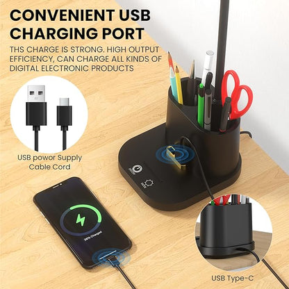 LED Desk Lamp with 2 USB Charging Port, 2 Pen Holders 3 Color Modes Dimmable Reading Light Desk Light, LED Small Desk Lamp Flexible Gooseneck Touch Table Lamp for Bedside Office Home, AC Adapter