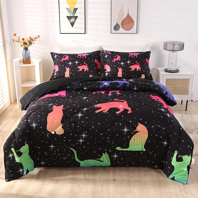 ENCOFT Comforter Set Queen for Girls and Boys, Premium 3 Piece Cats Bedding Set Black, Comfortable and Breathable for Teens and Adults, 1 Comforter and 2 Pillowcases