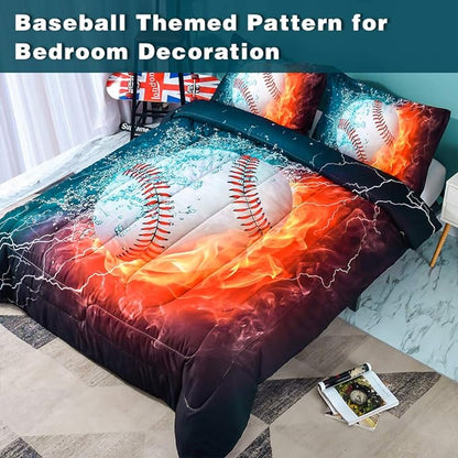 Andency Baseball Comforter Full (79x90 Inch), 3 Pieces(1 Baseball Comforter, 2 Pillowcases) 3D Microfiber Sport Baseball Comforter Set for Boy Kids Teens