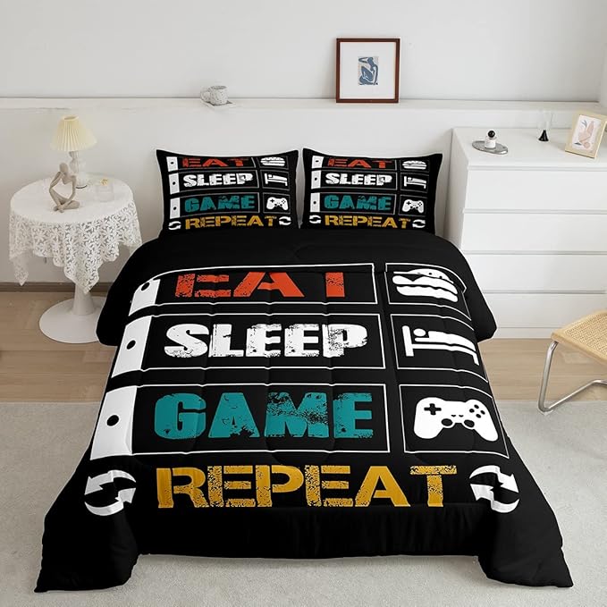 Gamer Comforter Sets for Boys King Size Gaming Bedding Set Teens Kids Games Controller Comforter Room Decor Funny Creative Eat Sleep Game Repeat Design Reversible Inner Fill Comforter for All Season