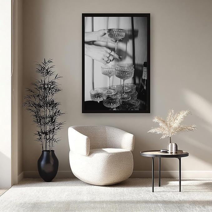 Champagne Glasses Wall , Black And White Art, Wine Glasses Poster, Bar Cart , Cocktail, Retro Photography, Bar Wall Decor Canvas Poster Bedroom Decor Sports Landscape Office Room Decor Gift Black Fram