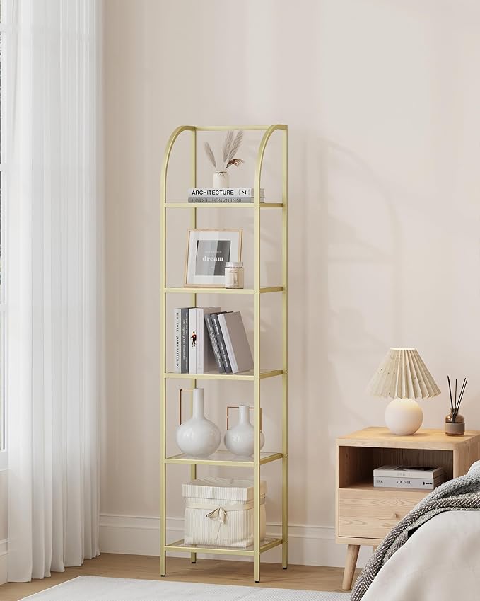 Bookcase Bookshelf, Tempered Glass Arched Bookshelf for More Storage, Slim Shelving Unit for Bedroom, Bathroom, Home Office, Steel Frame, 5 Tier Gold BC20599G