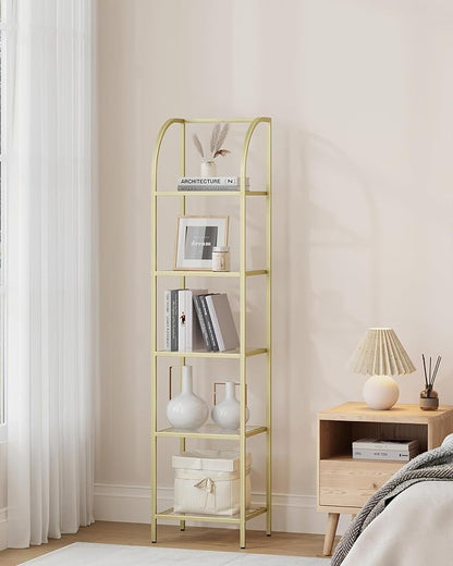 Bookcase Bookshelf, Tempered Glass Arched Bookshelf for More Storage, Slim Shelving Unit for Bedroom, Bathroom, Home Office, Steel Frame, 5 Tier Gold BC20599G