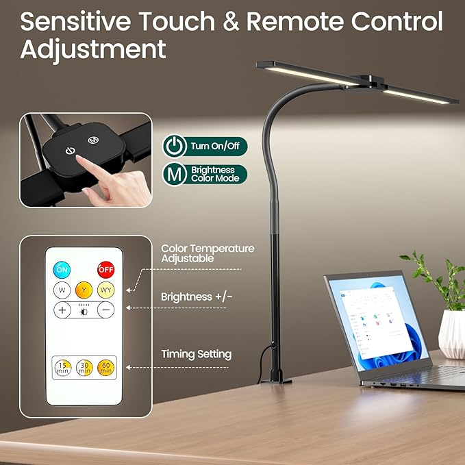 LED Desk Lamp for Home Office, Double Head Computer Desk Lights with Clamp & Wireless Remote, 12 Lighting Modes, Flexible Gooseneck Adjustable Smart Table Reading Study