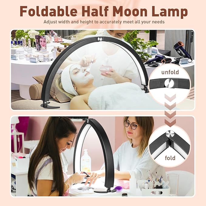 HITTI Large Half Moon Light for Nail Desk with Phone Holder, Foldable Nail Tech Light, Lash Table Lamp with Wire Controller & Remote, 7 Color Modes 10 Brightness for Extension Tattoo Craft Beauty