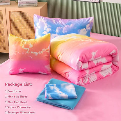 PERFEMET White Cloud Print Girls Comforter Set Queen Size 6 Pieces Teen Girl Tie Dye Bedding Set Colorful Rainbow Bed in A Bag Comforter Set with Sheets