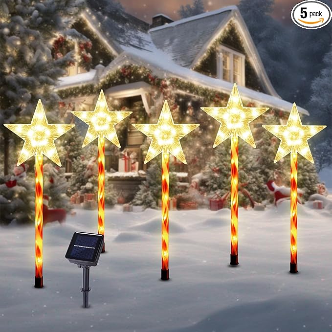 Solar Christmas Pathway Lights Outdoor Decorations, 8 Modes Star Candy Lights Waterproof Led Garden Stake Lights for Walkway Yard Lawn Porch Holiday Decor 5-Pack (Warm White Star Lights)