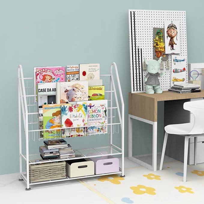 Kids Bookshelf Freestanding for Children Room 32 Inches White Metal Bookcase Large Capacity Books Toys Organizer Stable 5 Tiers Kids Book Rack for Playroom Bookstore Library.