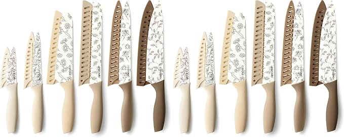 CAROTE 12PCS Knife Set, Kitchen Knife Set with 6 Blade Guards, Stainless Steel Knives Set With Nonstick Ceramic Coating, Rustproof, Delicate Floral Designs, White (Pack of 2)