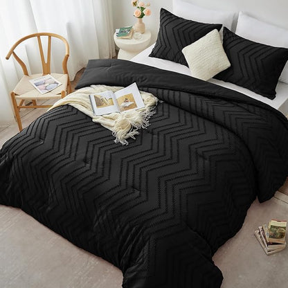 CozyLux Full Size Comforter Set Black - 3 Pieces Black Boho Tufted Shabby Chic Bedding Comforter Set for All Seasons, Chevron Bedding Sets with Comforter & 2 Pillow Shams