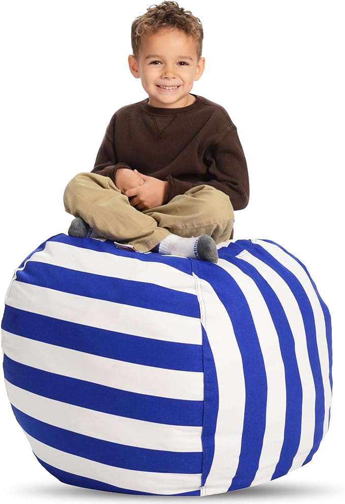 Creative QT Stuff ’n Sit Extra Large 38’’ Bean Bag Storage Cover for Stuffed Animals & Toys, Giant Beanbag Chair for Plush, Toddler & Kids Rooms Bedroom Organizer, Blue/White Stripe