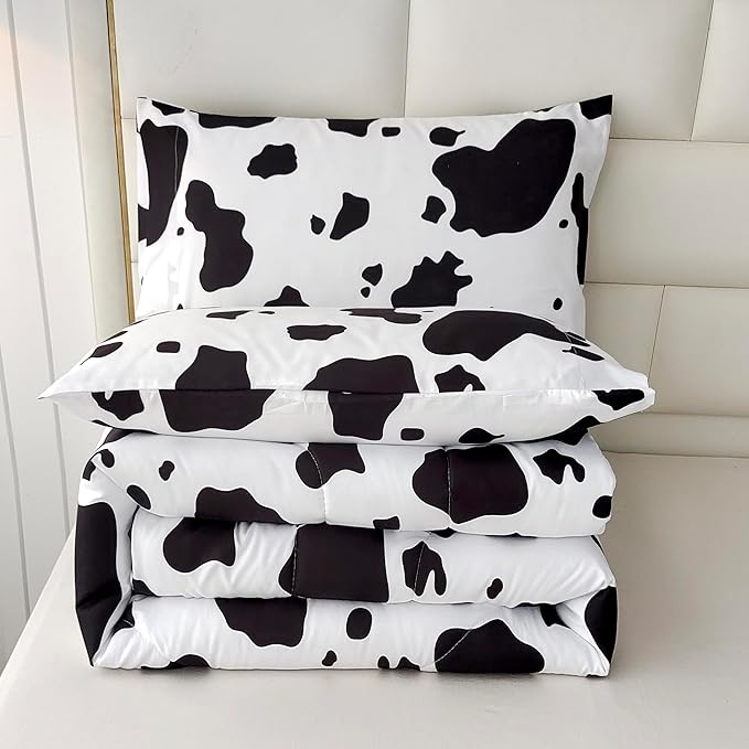 SDY 3 Pieces Milk Cow Print Stuff Bedding Comforter Set with 2 Pillowcases for Kids Teens Girls Women, Microfiber, Easy Wash, Light Breathable Cozy White Base Cute Milk Cow Pattern, Twin Size