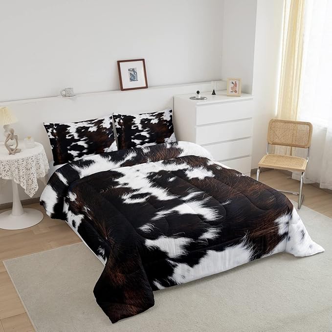 Brown Cowhide Comforter Set Full,Black White Aztec Cow Print Bedding Set Western Farmhouse Animal Fur Down Comforter for Kids Boys Girls,Rustic Cowboy Quilt Duvet Set 2 Pillow Cases Bedroom Decor