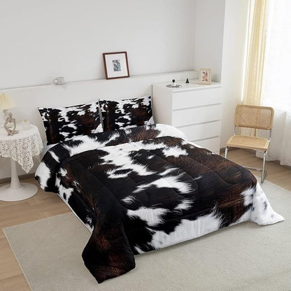 Brown Cowhide Comforter Set Full,Black White Aztec Cow Print Bedding Set Western Farmhouse Animal Fur Down Comforter for Kids Boys Girls,Rustic Cowboy Quilt Duvet Set 2 Pillow Cases Bedroom Decor