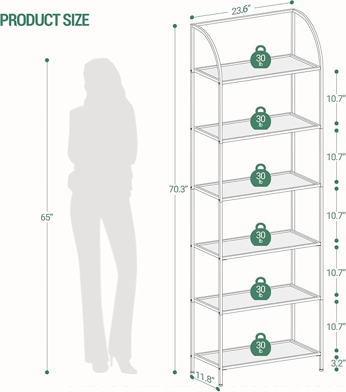 Bookcase Bookshelf, Tempered Glass Arched Bookshelf for More Storage, Slim Shelving Unit for Bedroom, Bathroom, Home Office, Steel Frame, Wide 6 Tier Gold BC22699G