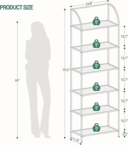 Bookcase Bookshelf, Tempered Glass Arched Bookshelf for More Storage, Slim Shelving Unit for Bedroom, Bathroom, Home Office, Steel Frame, Wide 6 Tier Gold BC22699G