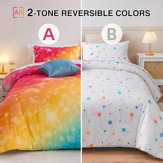 A Nice Night Gradient Glitter 6Pcs Bed in A Bag Bedding Set for Girls Twin Size, Colorful Rainbow Galaxy Comforter Set, Ultra Soft Bedding Sets, YellowBlue