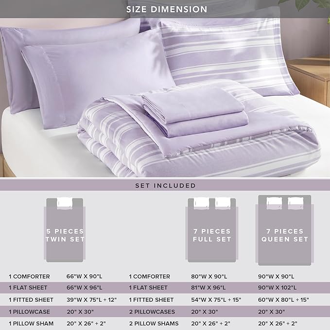 Codi Lavender Purple Queen Comforter Set with Sheets, Striped Bed in a Bag Reversible for All Seasons, Cationic Dyeing Bedding Sets with Comforter, Sheets, Pillowcases & Shams