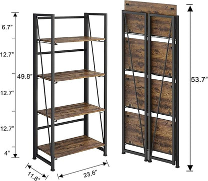 No-Assembly Folding Bookshelf Storage Shelves 4 Tiers Vintage Multifunctional Plant Flower Stand Storage Rack Shelves Bookcase for Home Office (Fire Board)