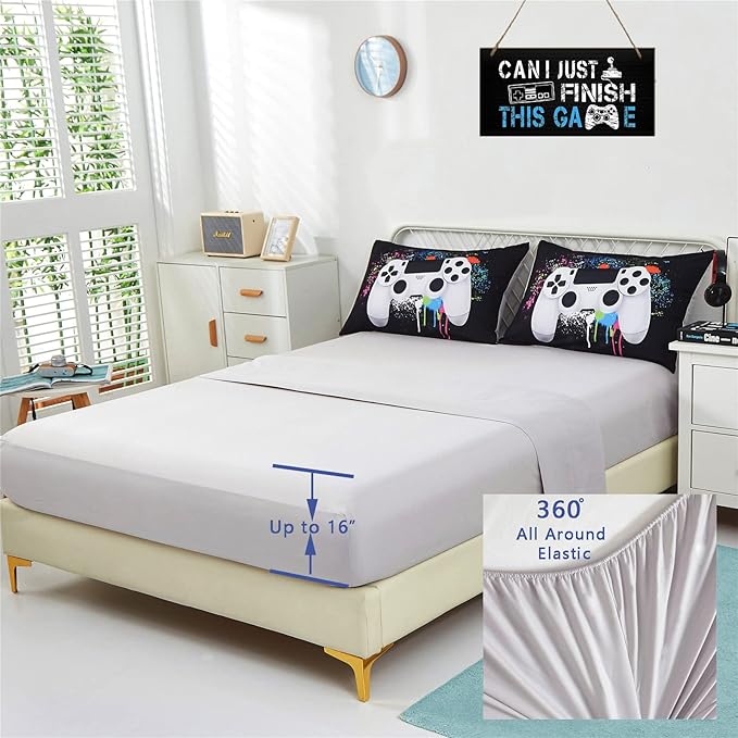KAKKI 5 Piece Boys Queen Gamer Comforter Set with Sheets, 3D Colorful Video Game Controller Comforter for Kids Teen, All Season Soft Microfiber Gaming Bedding Set(White,Queen)