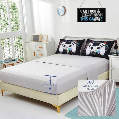 KAKKI 5 Piece Boys Queen Gamer Comforter Set with Sheets, 3D Colorful Video Game Controller Comforter for Kids Teen, All Season Soft Microfiber Gaming Bedding Set(White,Queen)